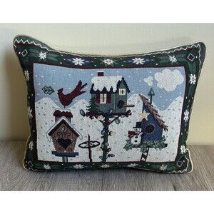 Christmas Winter Bird Birdhouse Tapestry Needlepoint Throw Pillow Gold 16” X 12”